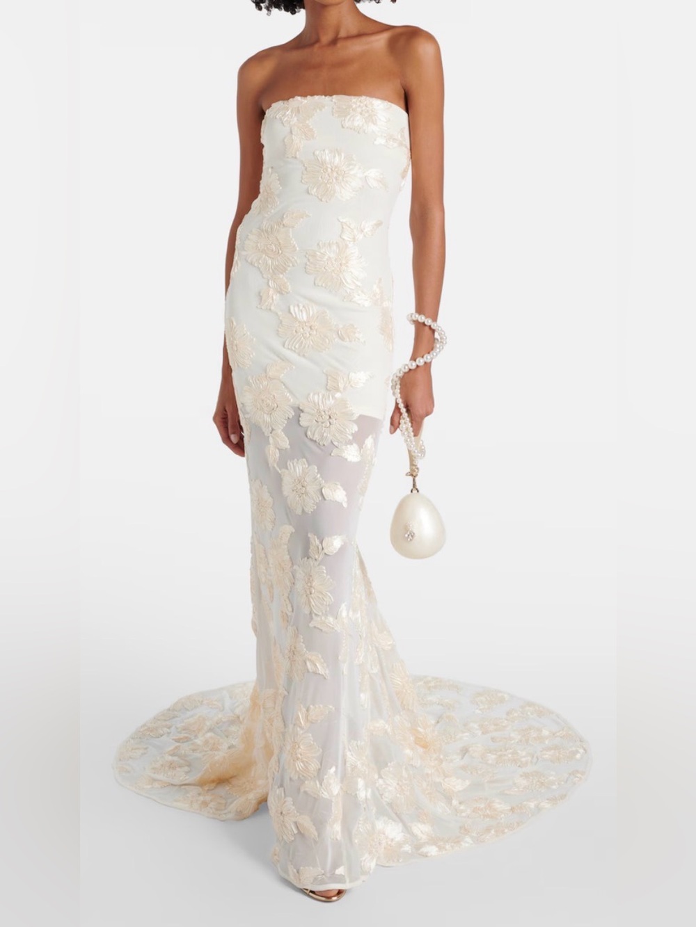 Rotate Floral Appliqué Mesh Gown in Ivory